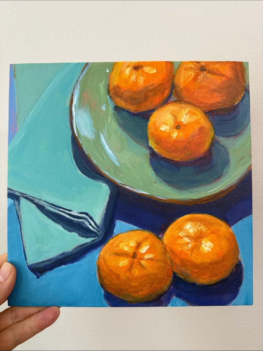 Still Life Oil and Acrylic Painting of Oranges on Plate, 8”x8” canvas panel